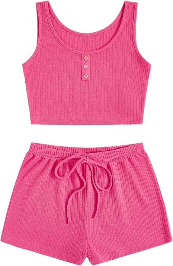 SOLY HUX Women's Button Front Ribbed Knit Tank Top and Shorts Pajama Set Sleepwear Lounge Sets | Amazon (US)