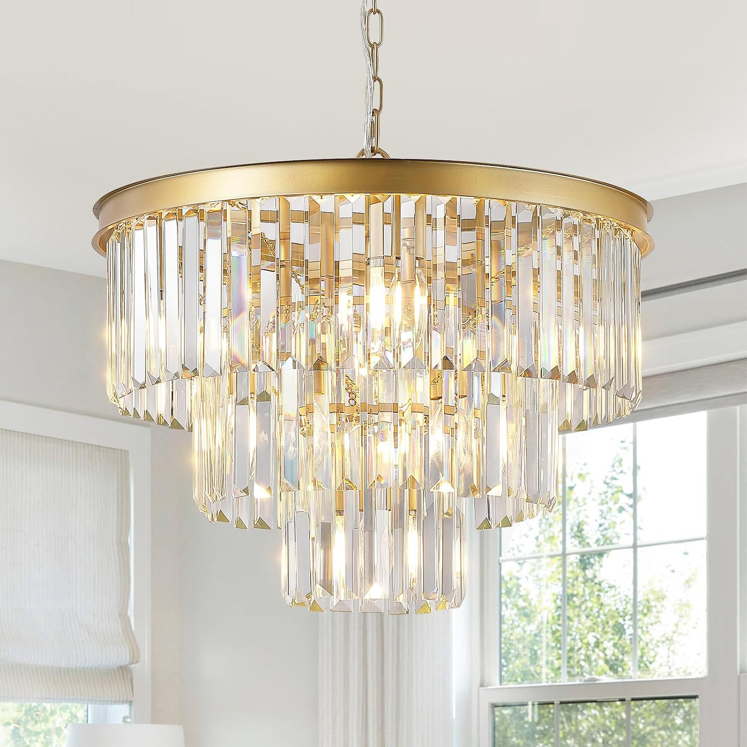 20" Modern Crystal Chandeliers,7 Lights Gold Round Light Fixture | Amazon (US)