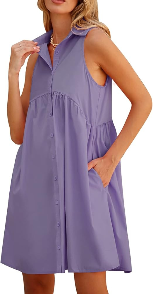 DEEP SELF Women Summer Collared Shirt Dress Casual Loose Button Down Short Dress V Neck Tunic Min... | Amazon (US)