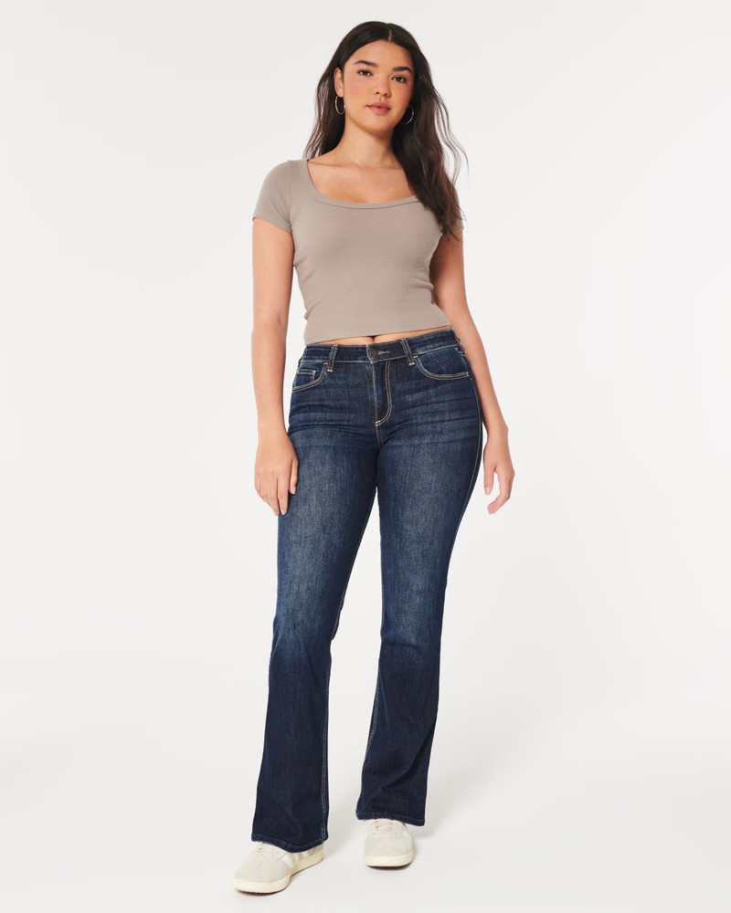 Curvy Mid-Rise Dark Wash Boot Jeans | Hollister (US)