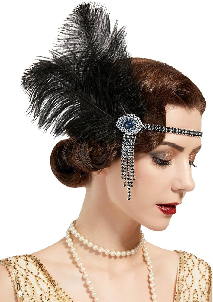 SWEETV Flapper Headband 1920s Headpiece for Women, Roaring 20s Great Gatsby Feather Rhinestone Ha... | Amazon (US)