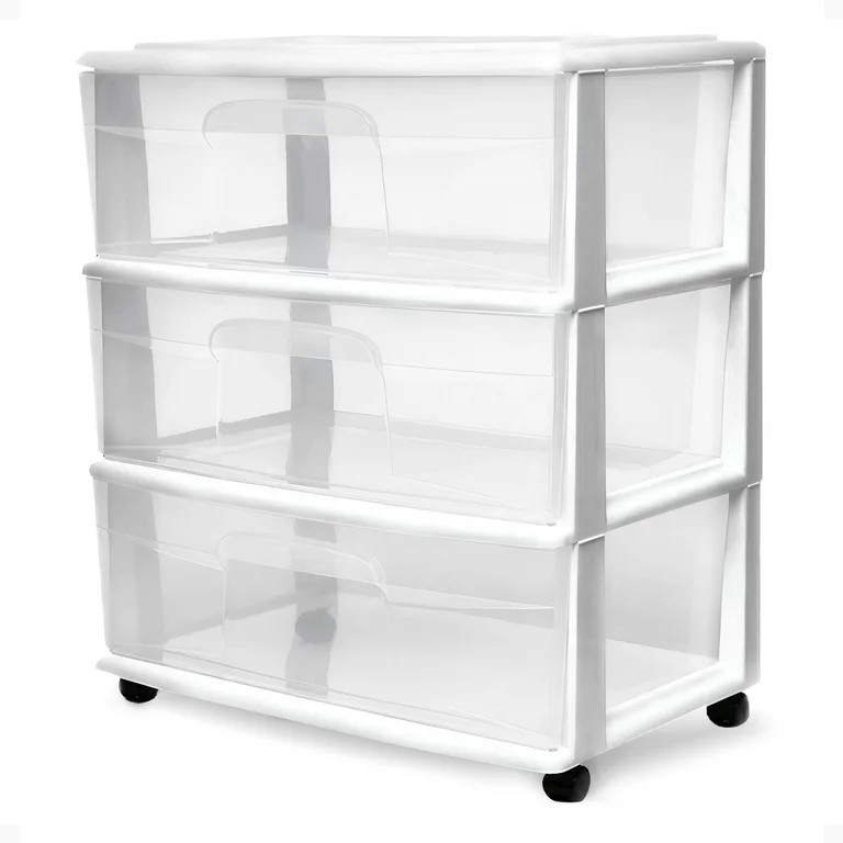 HOMZ Drawer Tower, 3-Tier Clear Plastic Wide Rolling Storage Cart, Removable Wheels, White | Walmart (US)