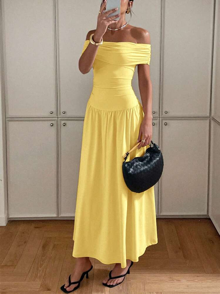 Vestido Largo De Mujer Elegante De Un Solo Color Con Hombros Descubiertos | SHEIN