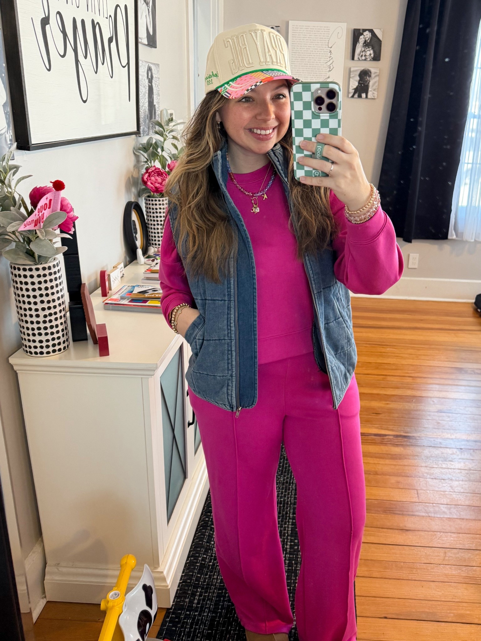 Cute trucker hats, bright colors, and matching sets! 