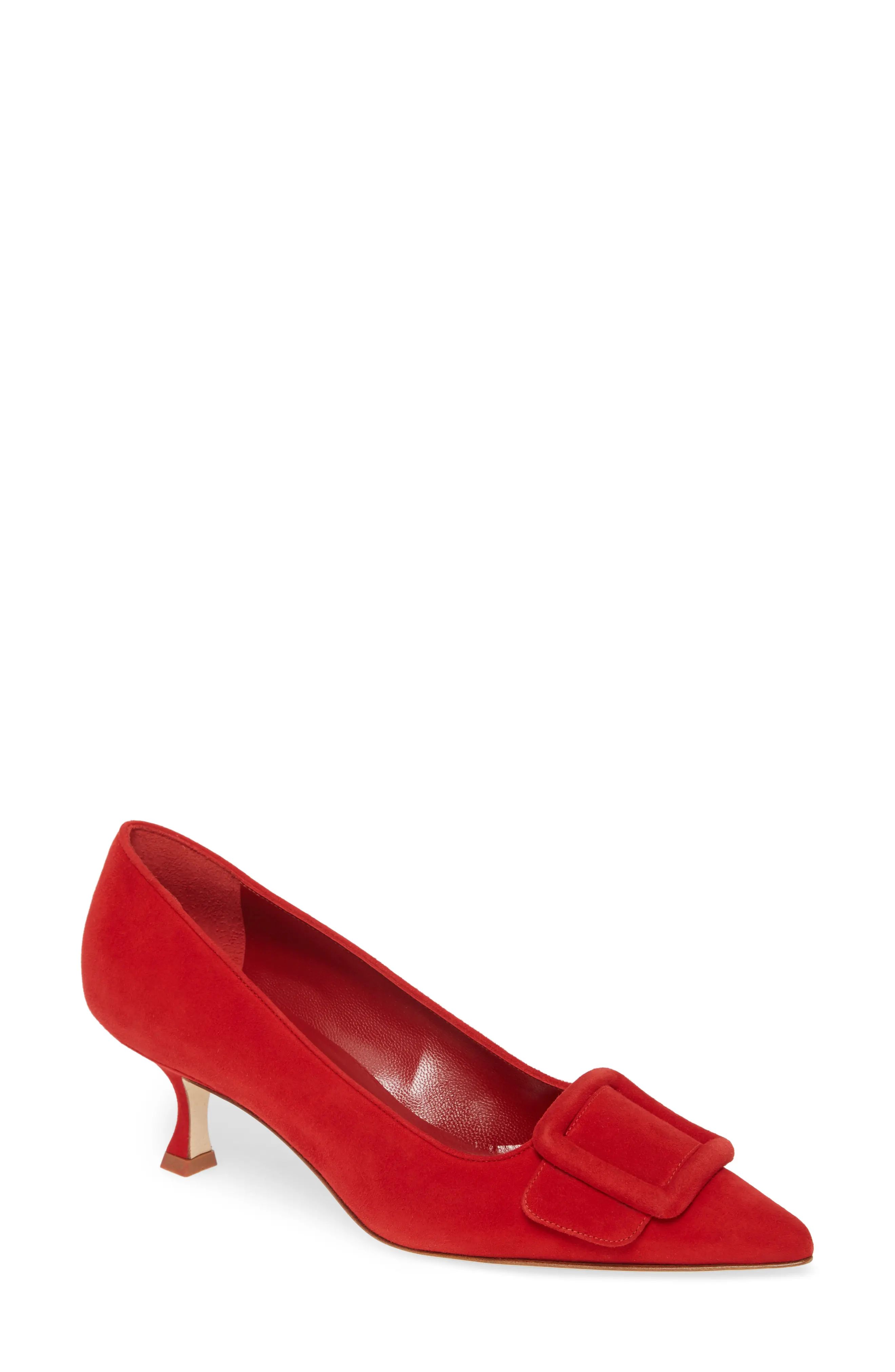 Women's Manolo Blahnik Maysale Buckle Pointed Toe Pump, Size 5US - Red | Nordstrom