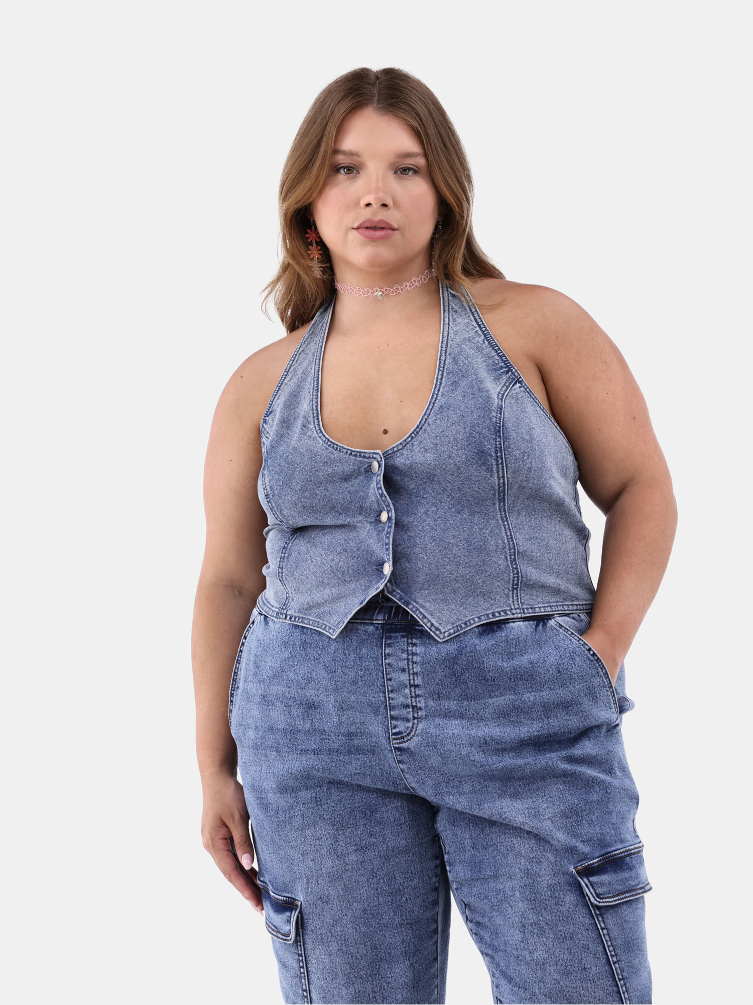 No Boundaries Denim Halter Vest, Women’s Plus | Walmart (US)