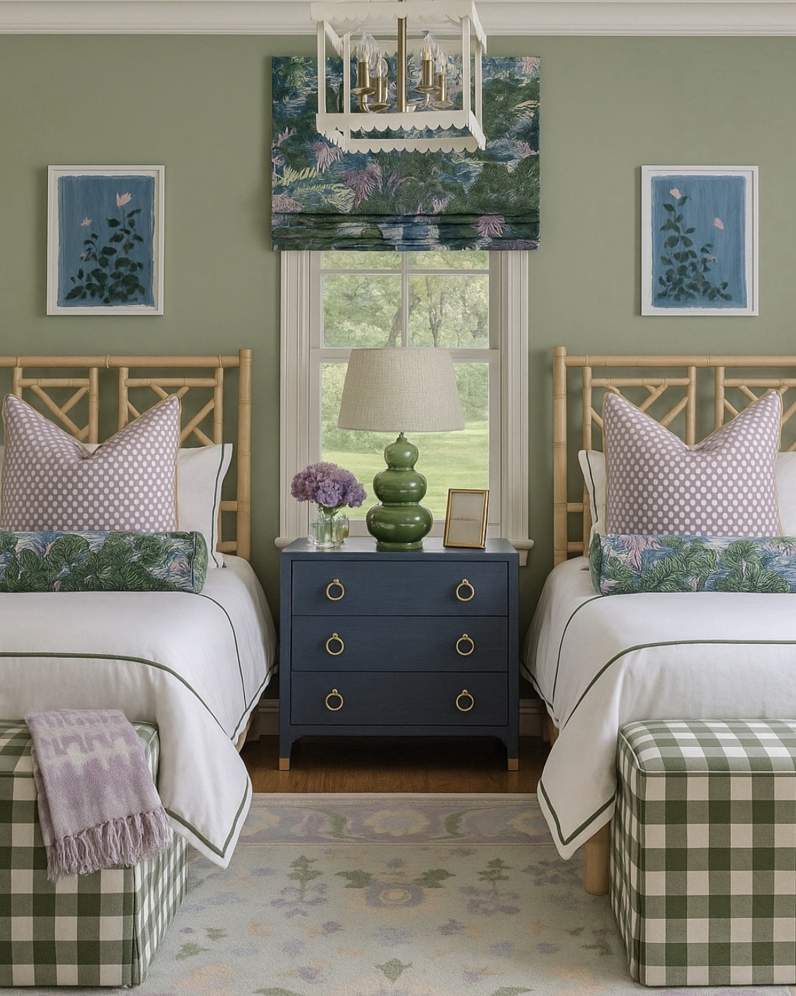 Bedroom inspo, girls’ bedroom, twin bedroom, chinoiserie chicken, purple and green bedroom, navy Grasscloth nightstand, blue and purple rug, green check ottoman, bamboo bed, purple block print euro sham, chinoiserie bolster, Thibaut Roman shade, chinoiserie Roman shade, white lantern pendant 

#LTKKids #LTKHome #LTKSaleAlert