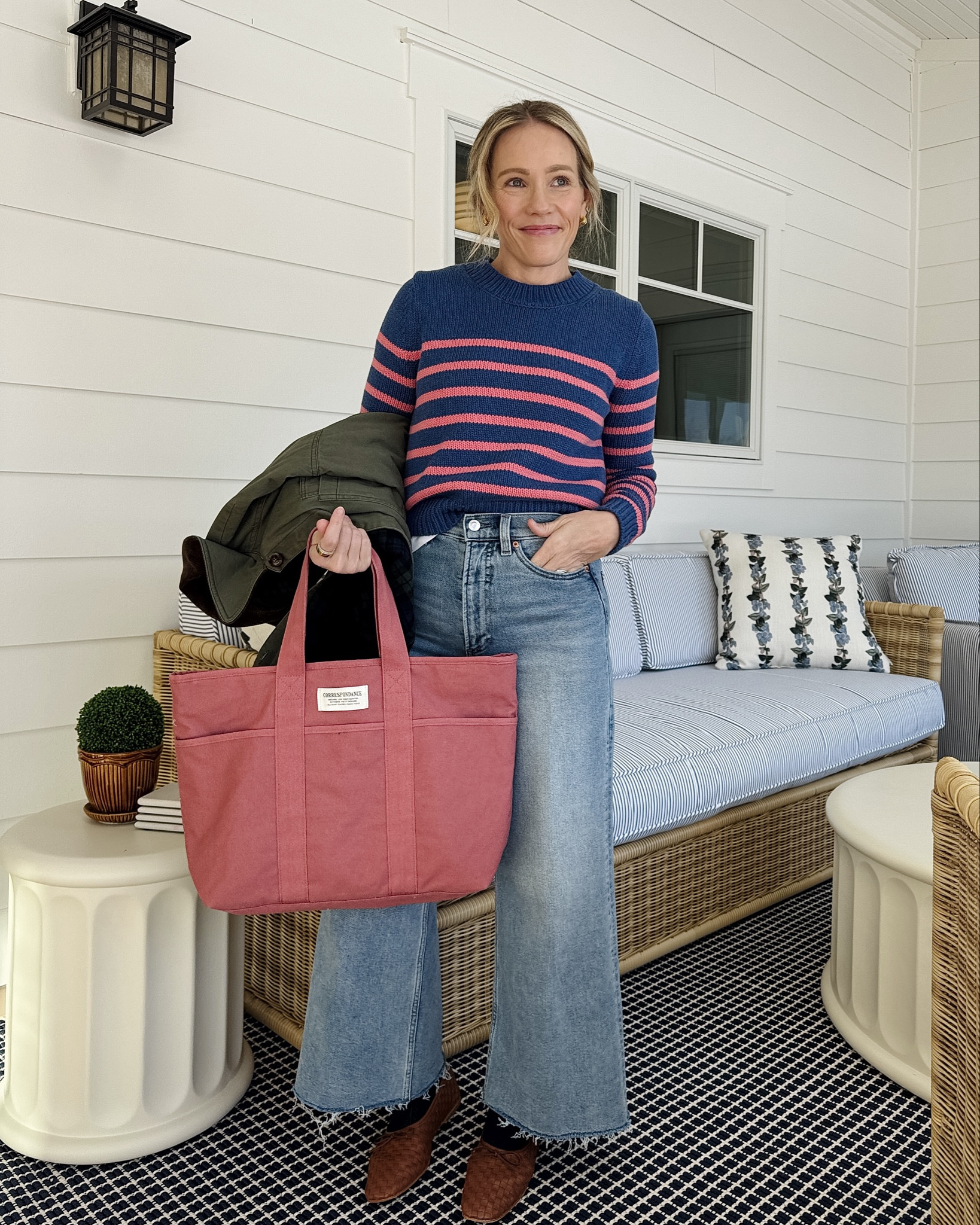 code LATELY15 at Pistola Lane Wide Leg Crop size up one (I'm 5'3) ~ Quince woven flats true to size (& the designer Freda Salvador) ~ Boden cotton stripe sweater wearing my regular size small but is a closer fit so size up for more room ~ Sezane under $100 everyday tote with stripe interior ~ Rumored barn jacket wearing my regular size small now 30% ~ favorite white tee in small ~ bauble bar earring stack ~ xo, Claire

#LTKootd #LTKPetite #LTKSaleAlert