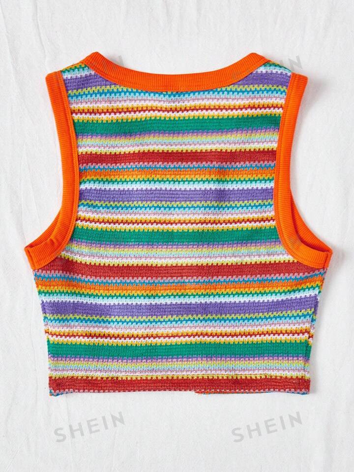 SHEIN WYWH Women's Rainbow Striped Knitted Fabric Sleeveless Top With Beaded Details | SHEIN