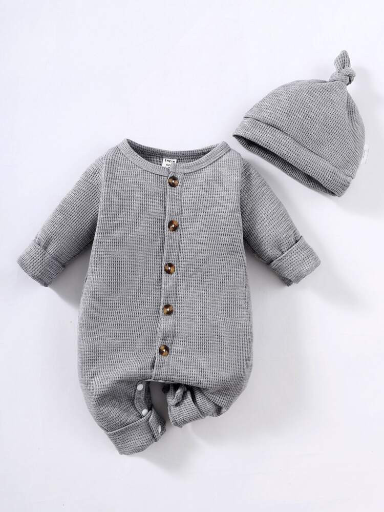 Newborn Baby Waffle Knit Jumpsuit & Hat | SHEIN