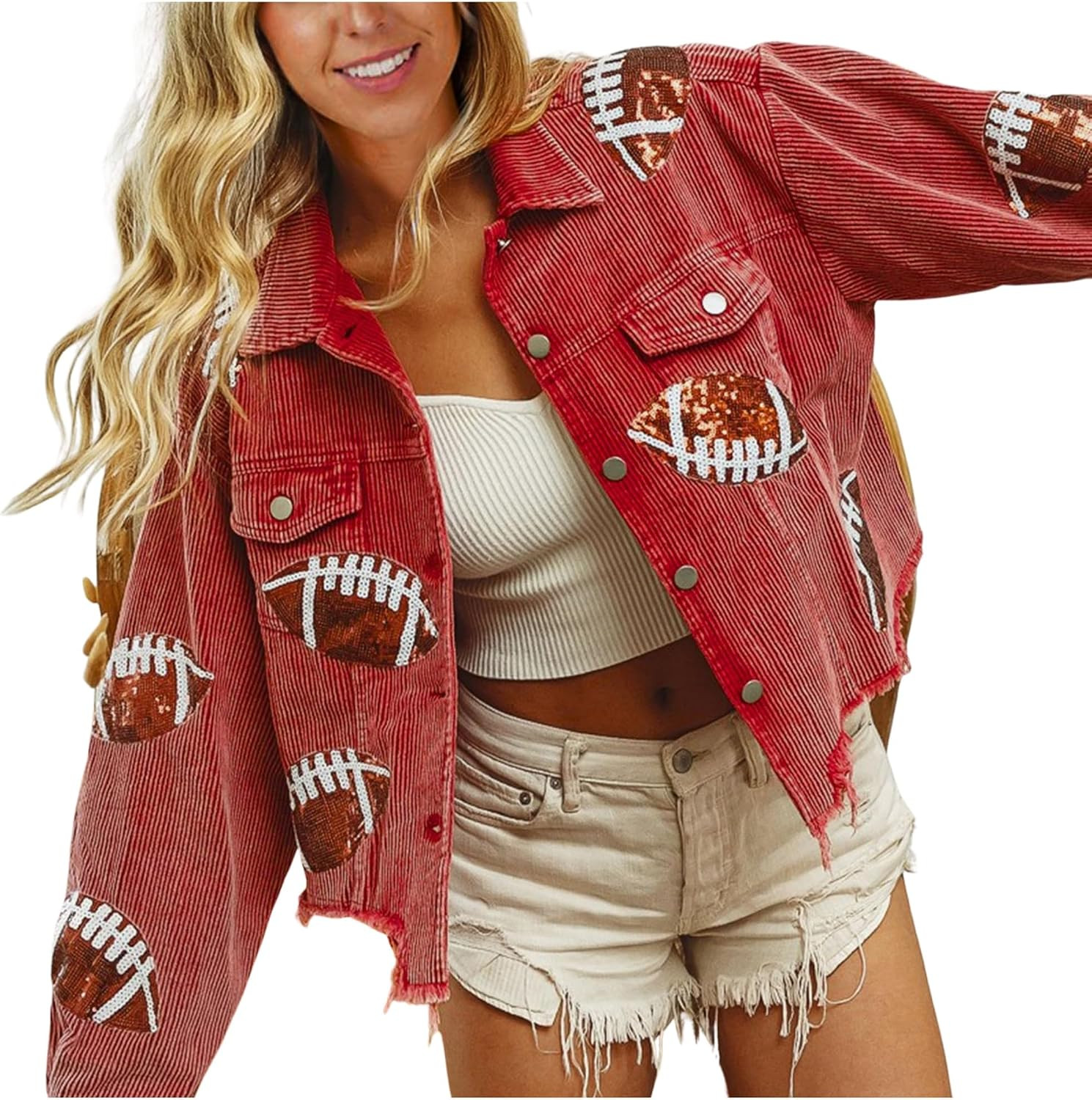 Women Cropped Football Corduroy Jacket Sequin Rugby Patched Shacket | Amazon (US)