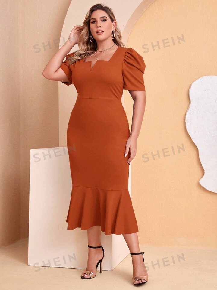 SHEIN Clasi Plus Notched Neckline Puff Sleeve Mermaid Hem Dress | SHEIN