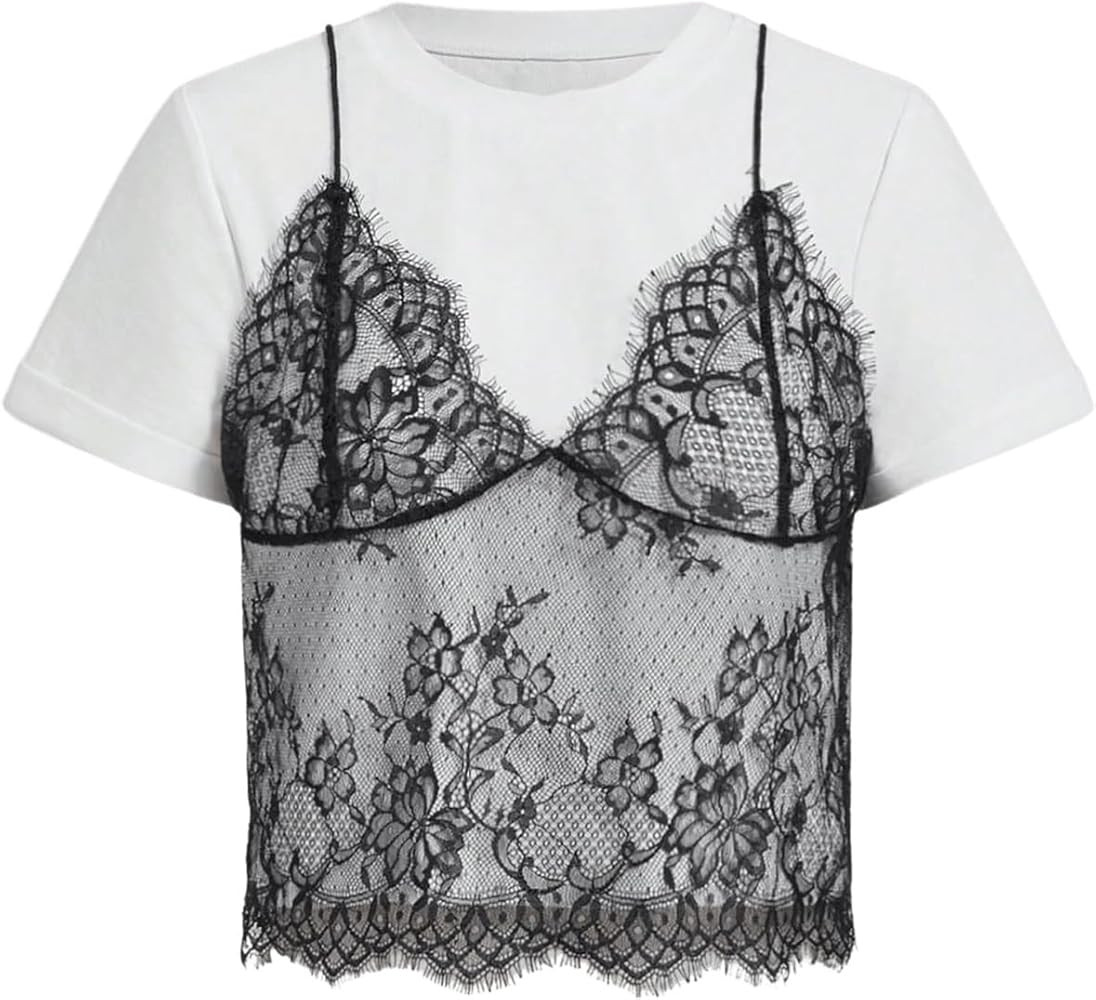 WDIRARA Women's Eyelash Scallop Trim Floral Lace 2 in 1 Tee Crewneck Short Sleeve T Shirt | Amazon (US)