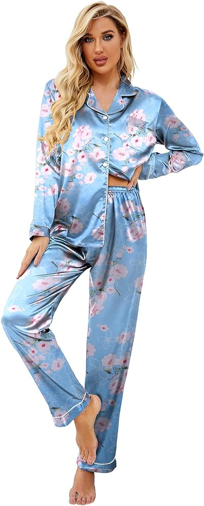 Ekouaer Women's Classic Button Down Long Satin Silk Pajama Set | Amazon (US)