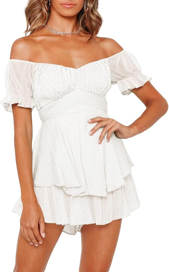 Fixmatti Women Boho Romper Off Shoulder Ruffle Chiffon Shorts Jumpsuit Playsuits | Amazon (US)