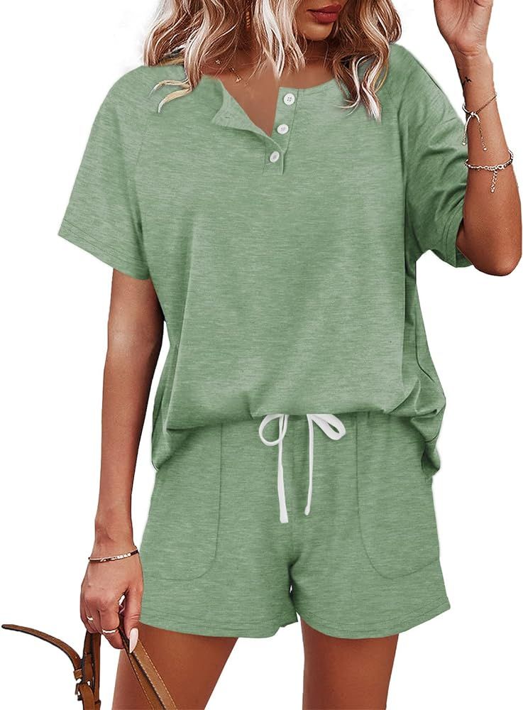 WIHOLL Two Piece Outfits for Women Lounge Sets Button Down Top and Shorts Set Sweatsuits with Poc... | Amazon (US)