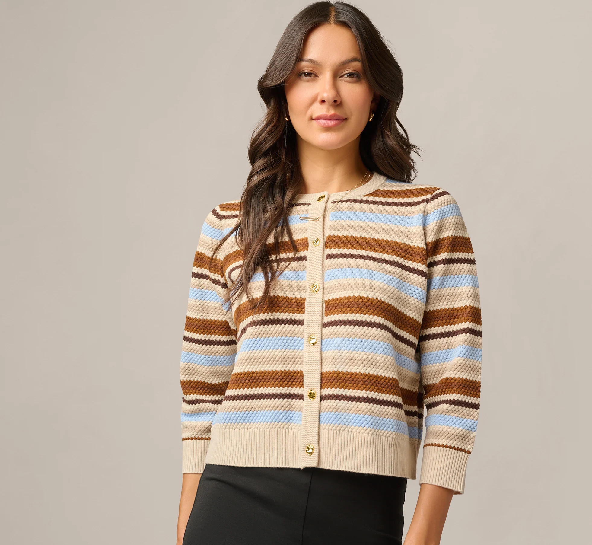 Brown Three Quarter Sleeve Pebble Texture Cardigan Sweater - Adrianna Papell | Adrianna Papell