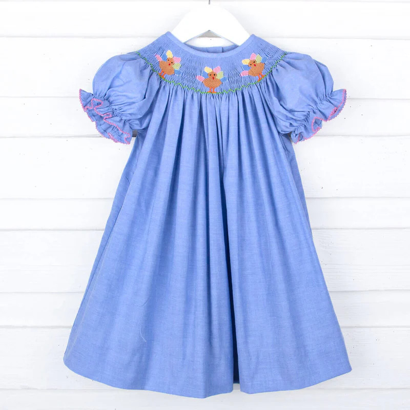 Chambray Turkey Smocked Bishop Dress | Classic Whimsy