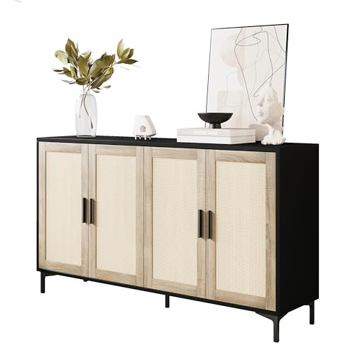 JASIWAY Buffet Cabinet with Storage, 48" Rattan Sideboard with Adjustable Shelves, Modern Coffee Bar Cabinet Console Table with Doors, Credenza for Kitchen, Living Room, Entryway, Dining Room, Black | Amazon (US)