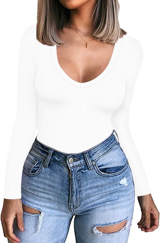 CLOZOZ Long Sleeve Tops for Women Sexy Womens V Neck T Shirts for Women Fitted Shirts Tight Basic... | Amazon (US)