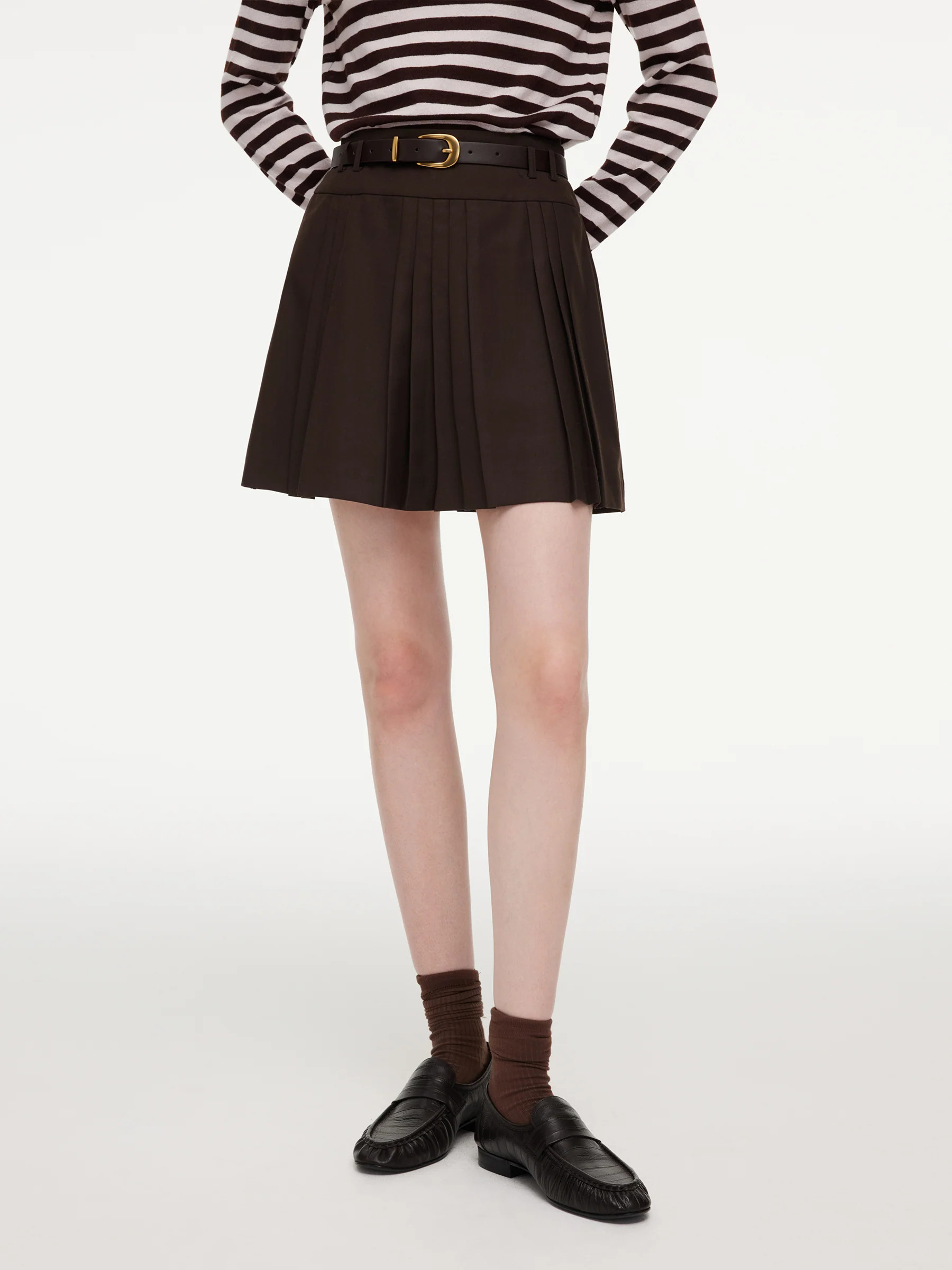 A-Line Pleated Women Skirt With Belt | GOELIA