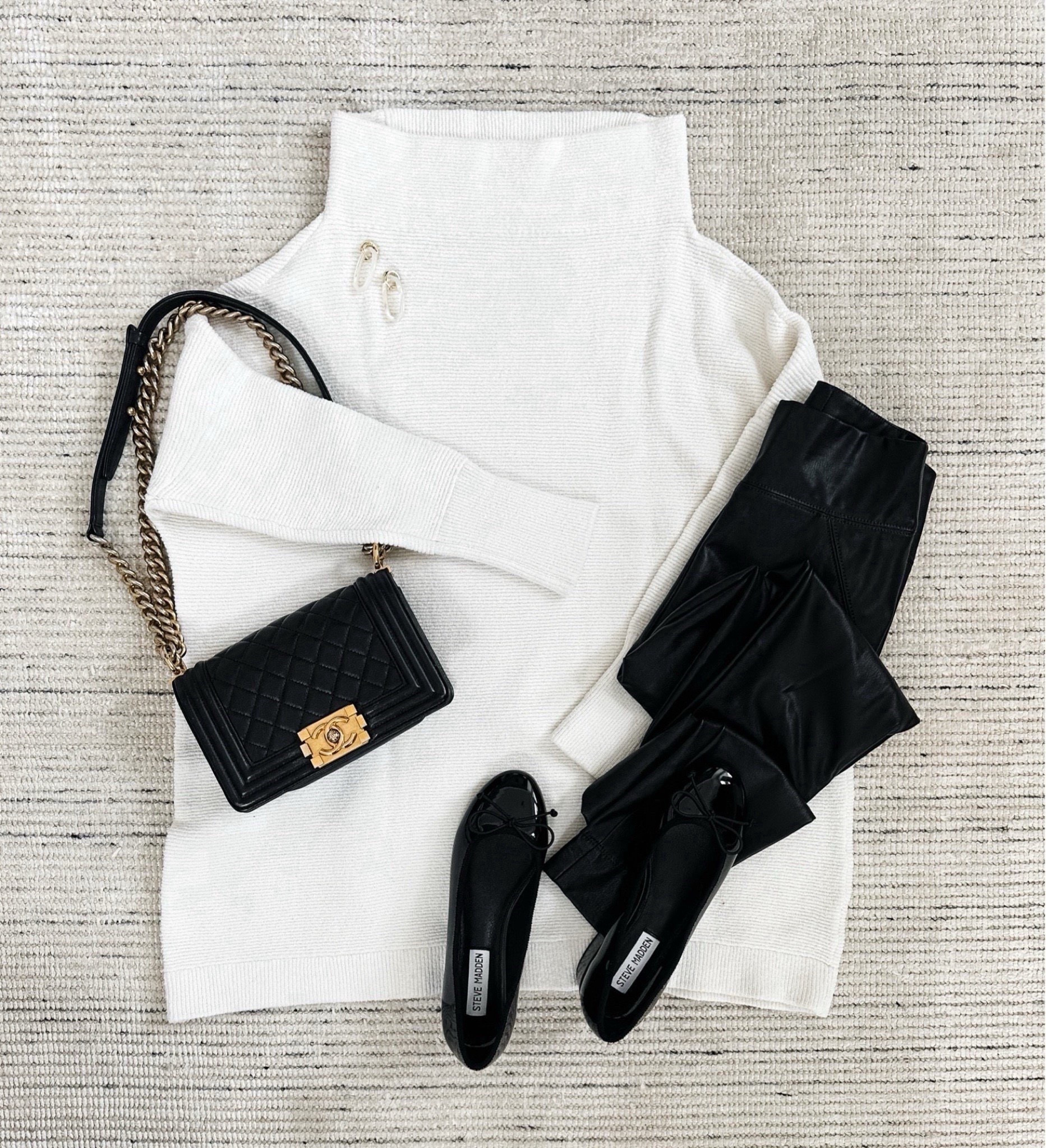 Fall and early winter outfit with faux leather leggings, slouchy tunic sweater, and black flats for a chic look. Love this when it starts getting cold out! 

#LTKStyleTip #LTKSeasonal #LTKHoliday