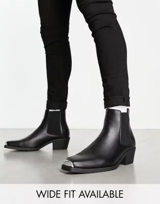 ASOS DESIGN cuban heel western chelsea boots in black faux leather with metal hardware | ASOS (Global)