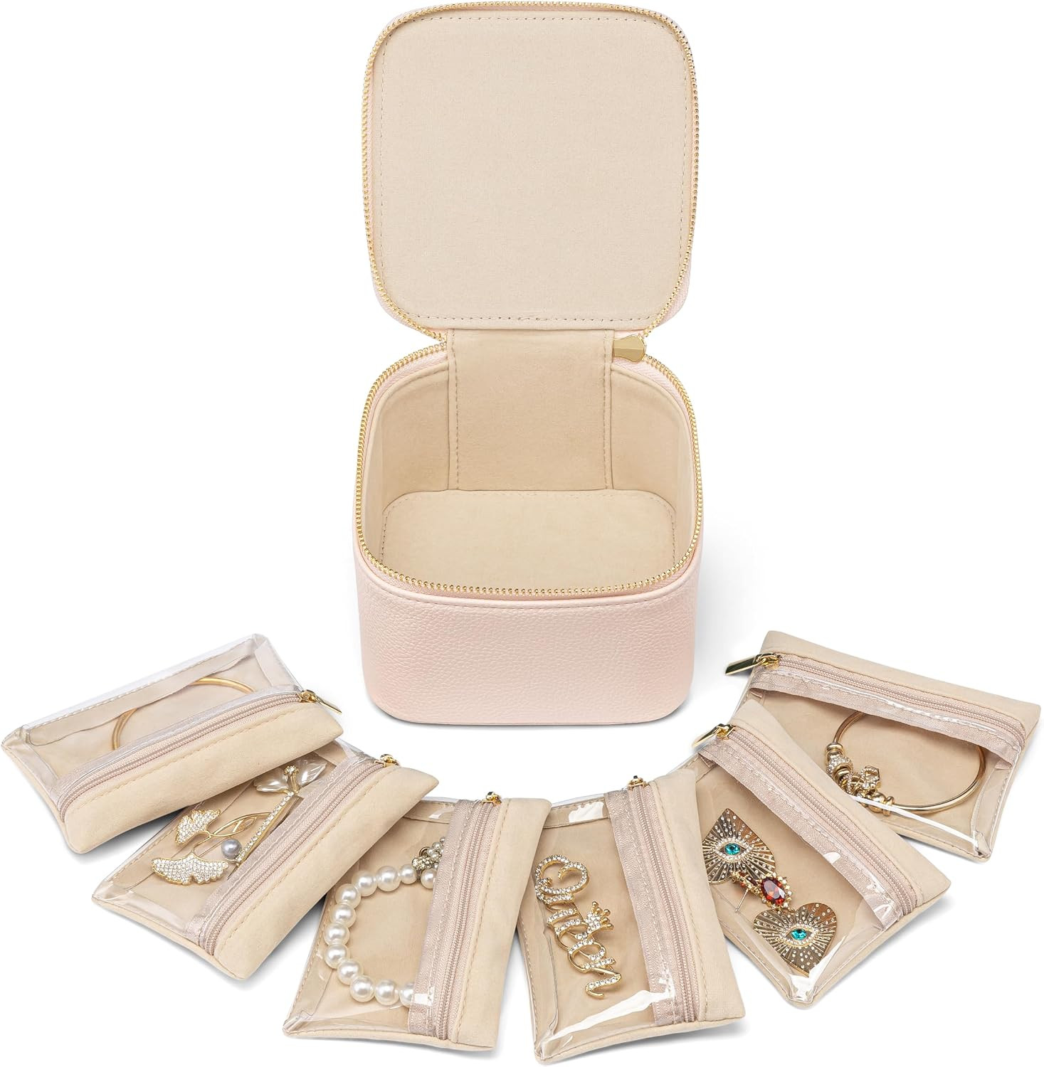 VLANDO Travel Jewelry Case with 6 Clear Velvet Zipper Pouches,Pink | Amazon (US)