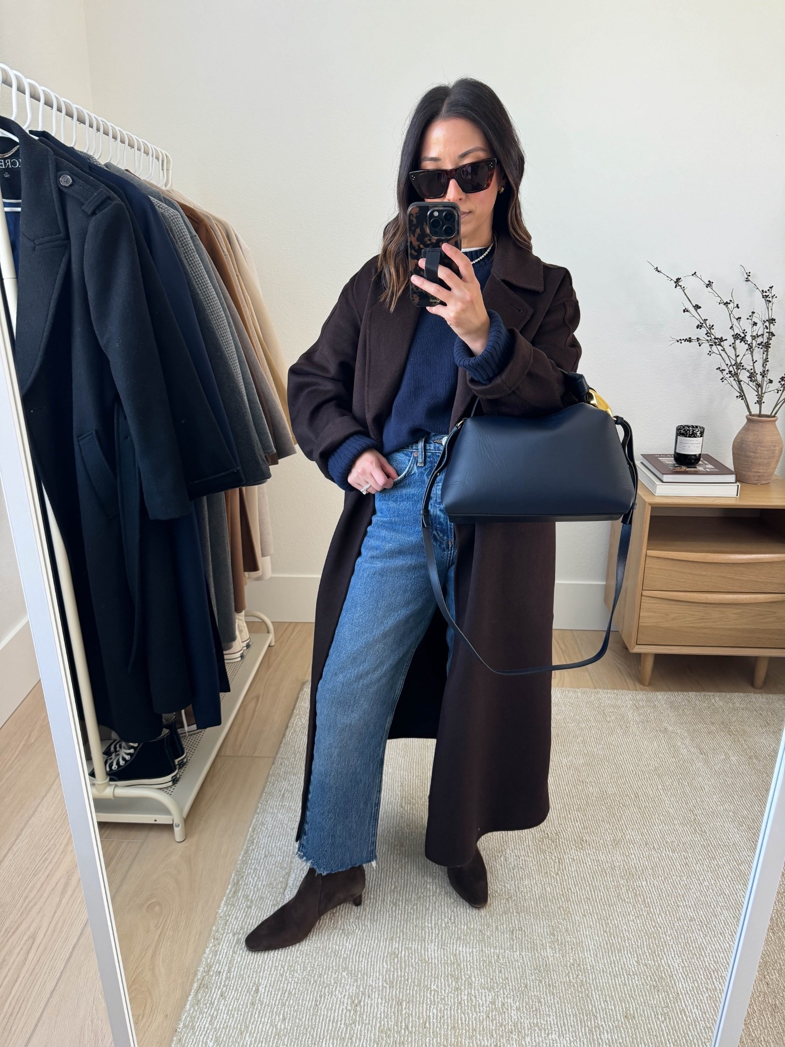 Fall outfit ideas with heeled ankle booties.

Banana Republic coat petite xs (old)
Everlane cotton sweater xs
AGOLDE Relaxed jeans 25, cut hems. Go tts
Madewell Dimes booties 5.5
JW Anderson bag
Celine sunglasses

Petite style, fall outfits, fall style 

#LTKSeasonal #LTKShoeCrush #LTKItBag