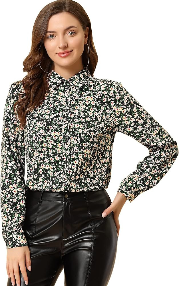 Allegra K Women's Button Down Floral Shirt Blouse Long Sleeve Point Collar Top | Amazon (US)