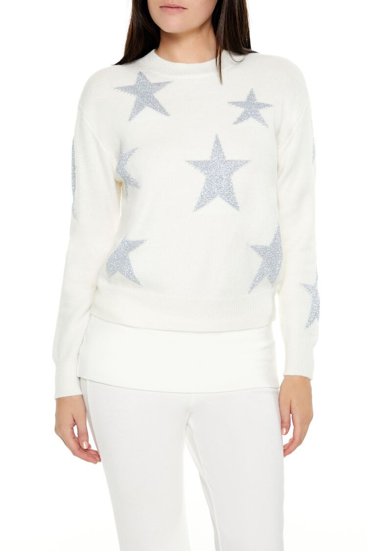 Women's Star Print Sweater in White Medium | Forever 21