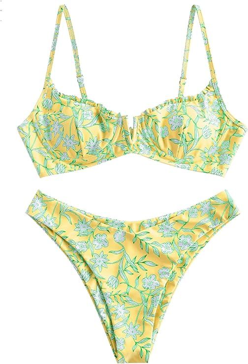 ZAFUL Women's Underwire Bikini Floral High Cut Bikini Set V-Wired Two Piece Swimsuit Bathing Suit | Amazon (US)