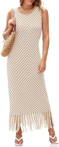 Wenrine Womens Summer Crochet Knit Dress Sleeveless Casual Striped Tassel Tank Sweater Boho Maxi ... | Amazon (US)