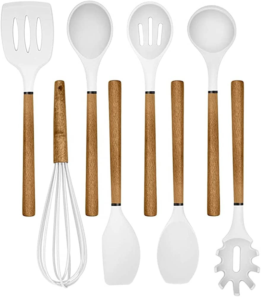Country Kitchen 8 pc Non Stick Silicone Utensil Set with Rounded Wood Handles for Cooking and Bak... | Amazon (US)