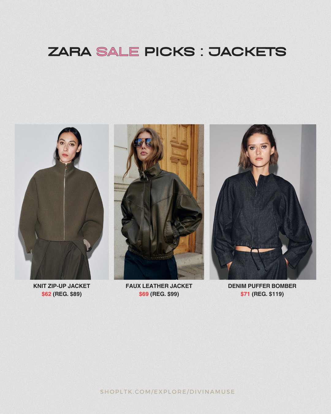 zara jacket sale picks. 
- knit zip-up jacket. really love the shape of this jacket and smoothness of this jacket 
- faux leather jacket. nice alternative to the viral zara ysl dupe jacket 
- denim puffer bomber. simple, nice casual throw on  

 #LTKSeasonal #LTKSaleAlert #LTKFindsUnder100