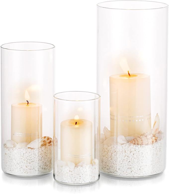 Glasseam Hurricane Candle Holders, Set of 3 Clear Glass Cylinders for Pillar Candles, Centerpiece... | Amazon (US)