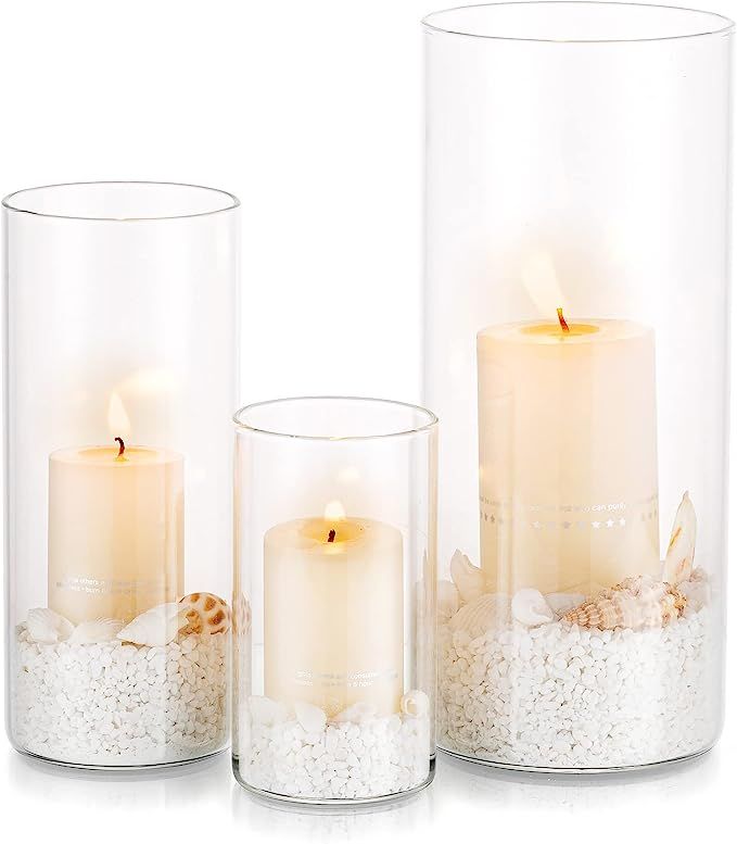 Glasseam Hurricane Candle Holder Set of 3, Glass Cylinder Candle Holders for Pillar Candles, Clea... | Amazon (US)