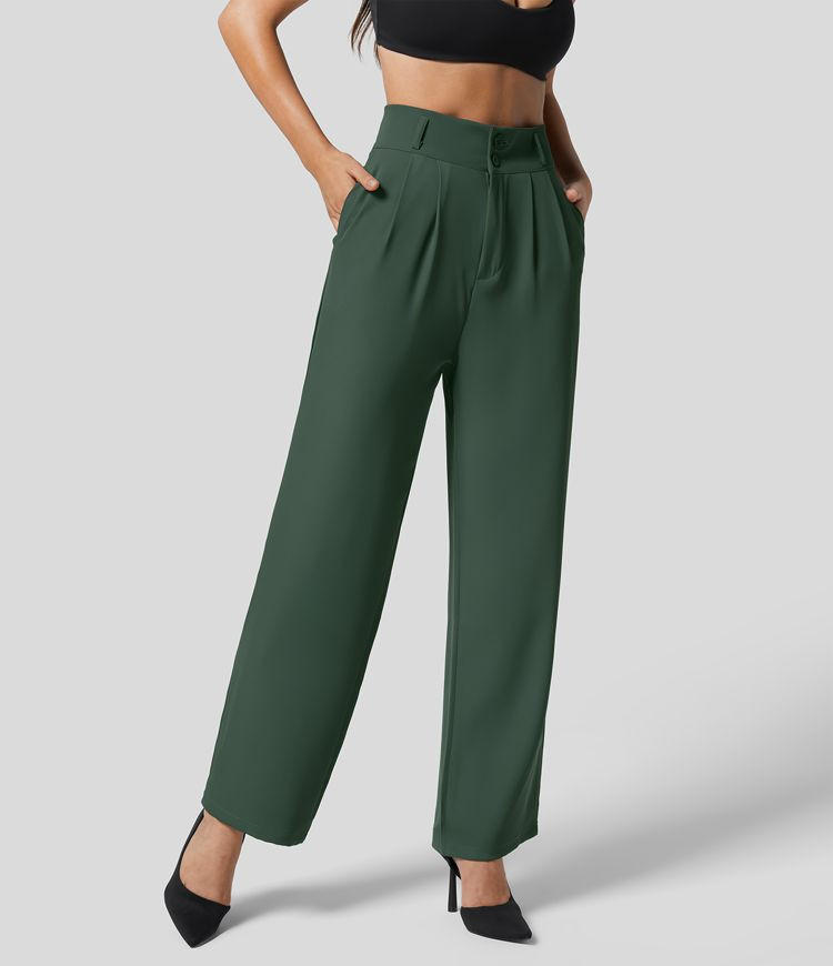 High Waisted Button Zipper Plicated Side Pocket Shirred Straight Leg Work Suit Pants | HALARA