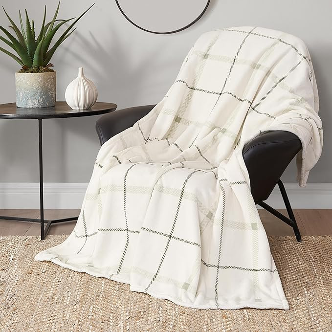 Lucky Brand Palmdale White with Sage Green Plaid 50"x70" Cozy Plush Blanket - Premium Microfiber ... | Amazon (US)