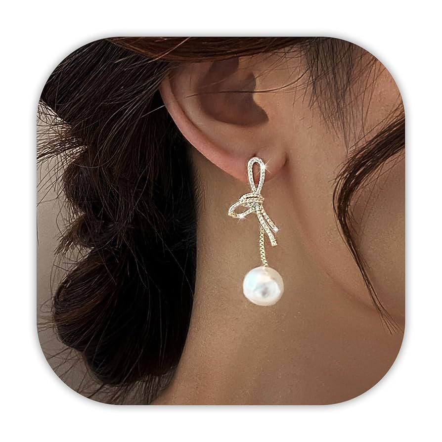 Pearl Bow Earrings, Pearl Dangle Earrings Gold Bow Earrings for Women Dainty Coquette Formal Crys... | Amazon (US)