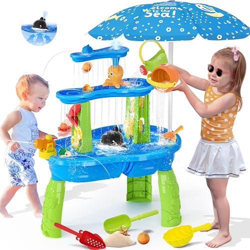 Water Table for Toddlers 3-5, 3-Tier Auto Water-Absorbing Kids Sand Water Table with Water Pump & Umbrella Splash Pond Toy, Activity Sensory Play Table Toys for Outdoor Pool Beach Backyard Summer | Amazon (US)