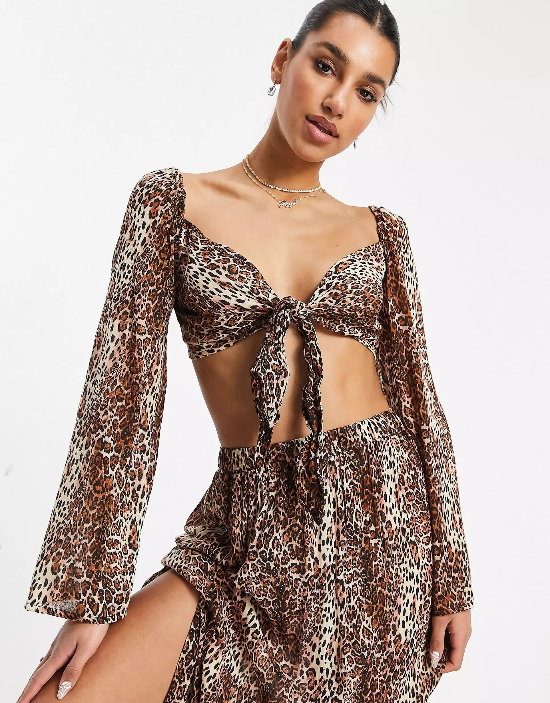 ASOS DESIGN long sleeve tie front beach co-ord top in natural leopard print | ASOS | ASOS (Global)