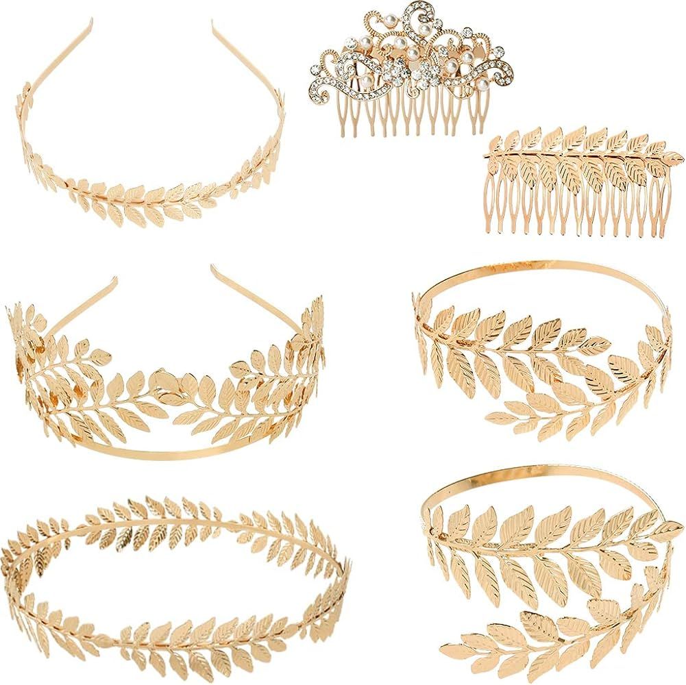 OFNMY 7 Pieces Greek Roman Laurel Leaf Bracelet Armband Golden Laurel Leaves Crown Tiara Costume ... | Amazon (US)