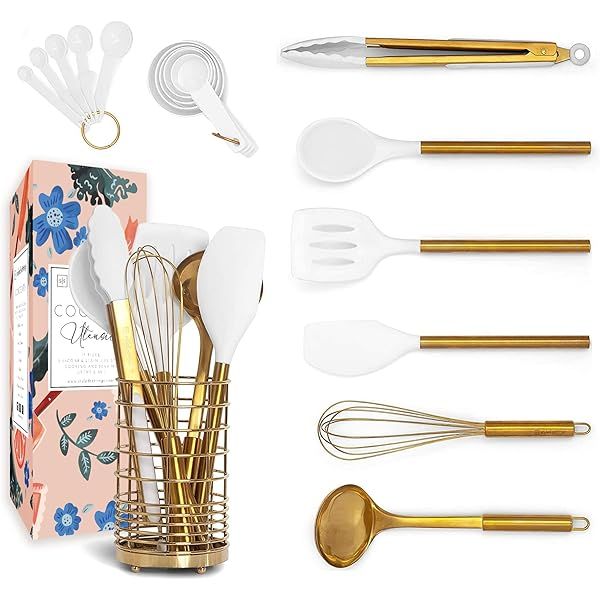 White and Gold Cooking Utensils with Holder - 18 PC Gold Kitchen Utensils Set Includes White Cooking | Amazon (US)