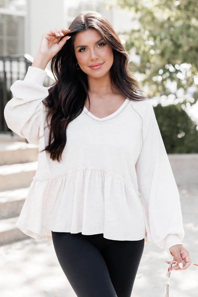 Much To Do Oatmeal Peplum Top | Pink Lily