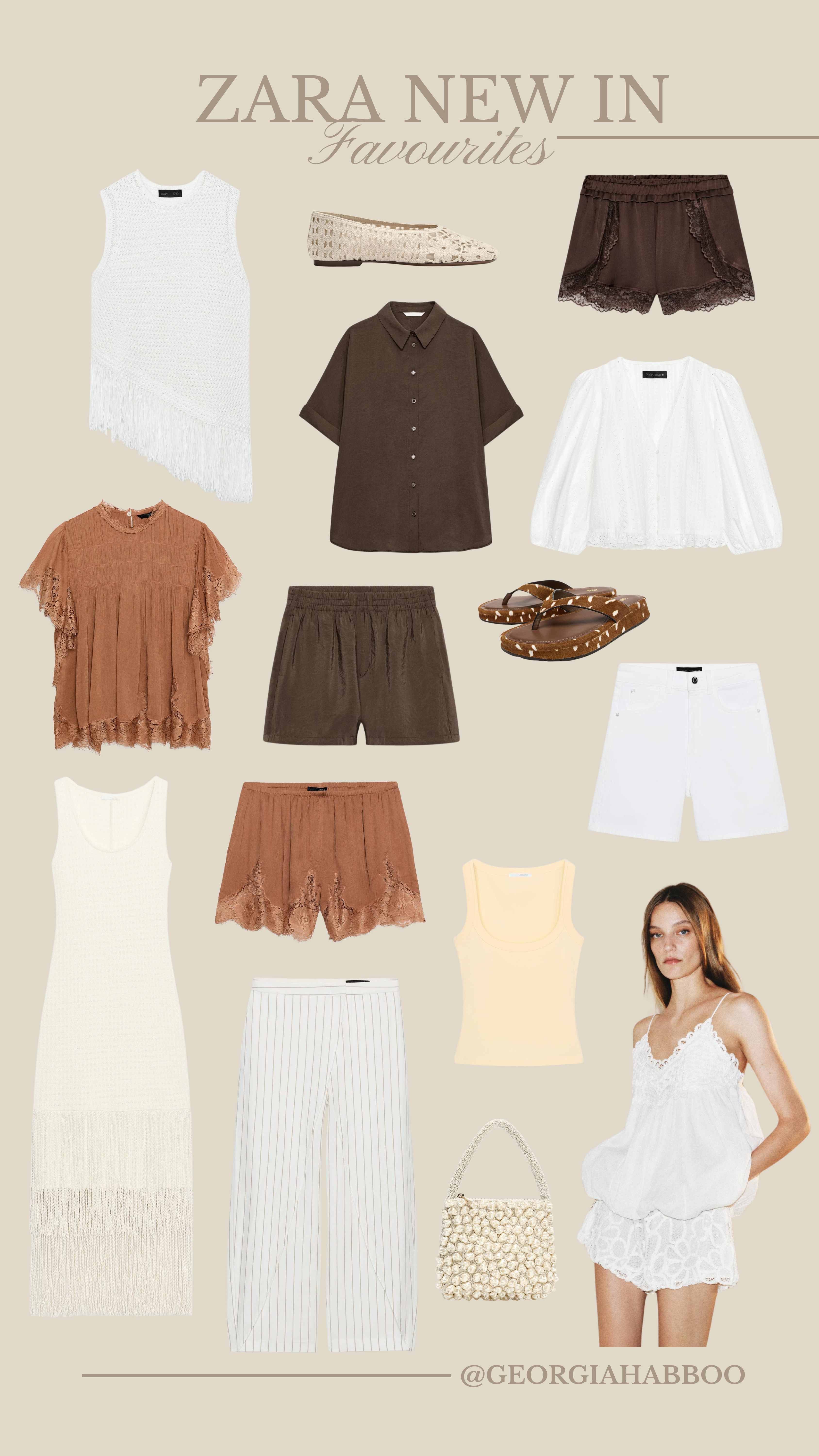 Zara new in favourites for the warm weekend 🤎✨

summer outfit, summer inspo, summer co ord, lace top, lace shorts, satin shorts, vest top, shirt, crochet, fringe dress, knit dress, sandals, flip flops 

 #LTKuk #LTKsummer #LTKeurope