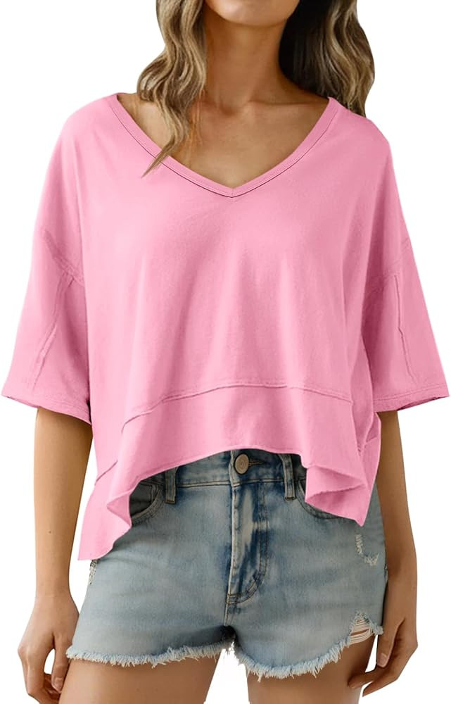 Cicy Bell Womens Oversized Crop Tshirt Summer V Neck Short Sleeve Boxy Tops | Amazon (US)