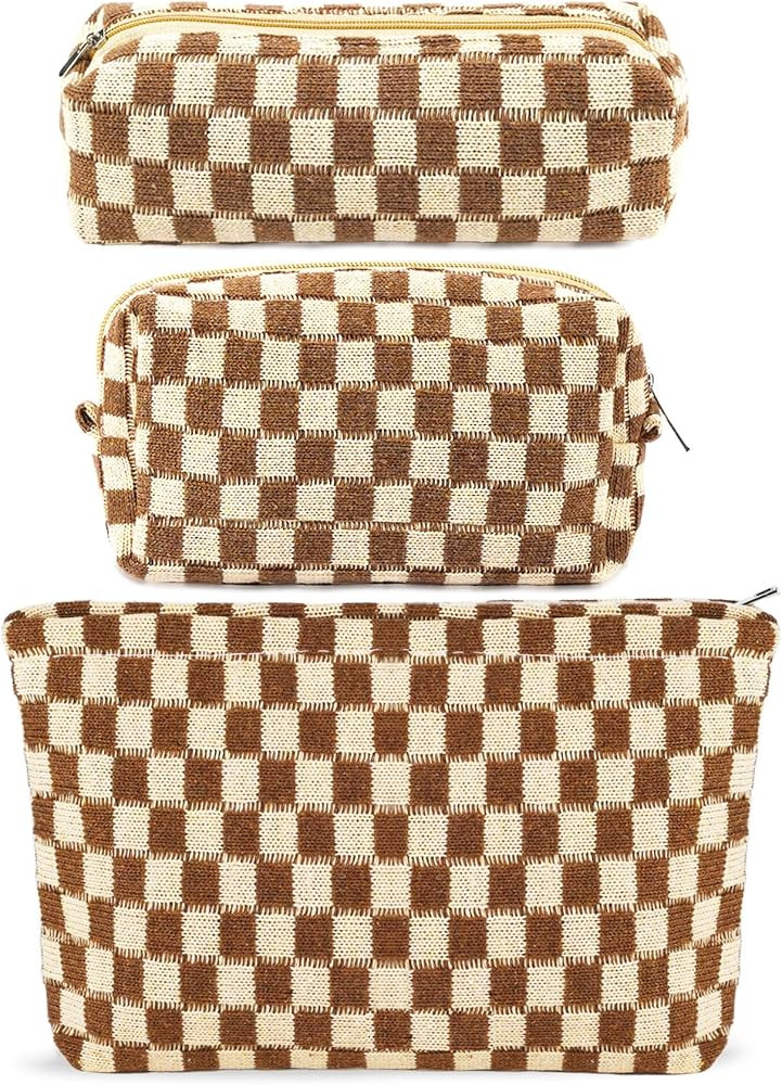ZLFSRQ 3Pcs Checkered Makeup Bag for Women Large Cosmetic Bag Set Travel Toiletry Bag Makeup Pouch Bag for Purse Brown Zipper Storage Bag Organizer Cute Small Aesthetic Girls Car Essentials Bag | Amazon (US)