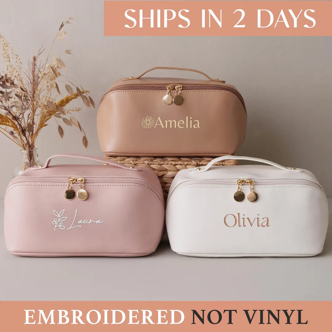 Bridal Shower Gift, Leather Embroidered Makeup Bag, Gift for Her, Bridesmaid Gifts, Large Capacit... | Etsy (US)