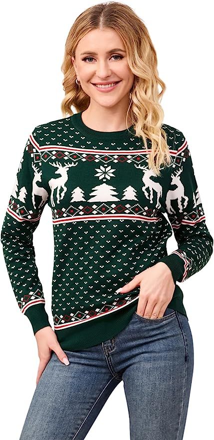 MISSKY Family Christmas Sweater Crew Neck Reindeer Snowflakes Knitted Pullover for Women/Men/Kids | Amazon (US)